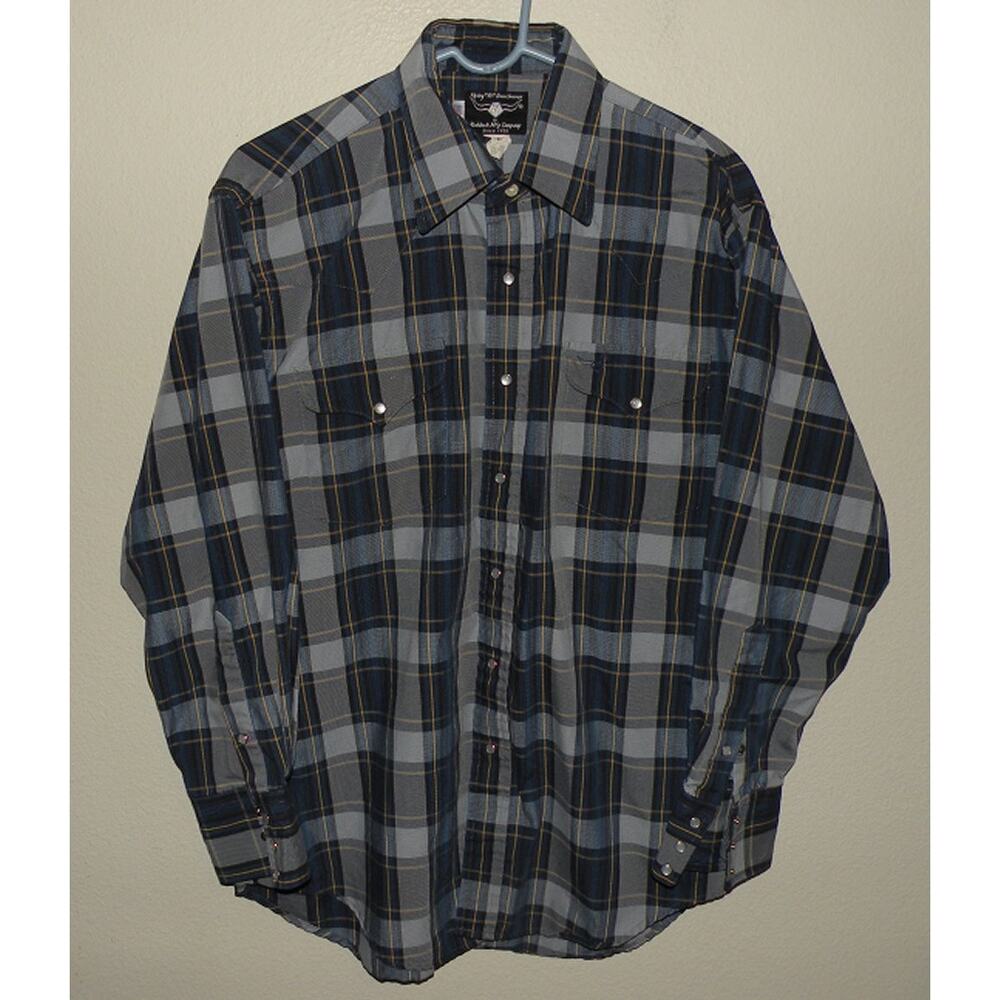Vtg. Ruddock Flying “R” Ranchwear Mens XL Western Snap Shirt Blue/Gray Plaid USA
